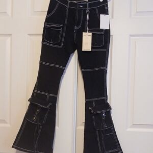 Black Flared Cargo Pants with White Stitching